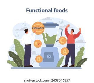Functional Foods Concept. Two individuals explore the benefits of nutrient-rich foods, emphasizing the vitality of vitamins and probiotics for health.