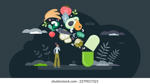 Functional foods with vitamin rich products in capsule tiny person concept. Health benefits from greens, avocado, nuts, fruits and vegetables vector illustration. Medical drug from natural sources.