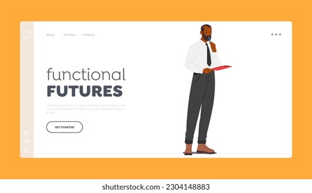 Functional Future Landing Page Template. Male Character Holding Pen And Clipboard, Making Notes, Gathering Information And Conducting Surveys. Cartoon People Vector Illustration