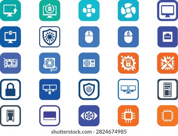 Functional icons of computer components fans cooling systems security and networking hardware for technical applications.