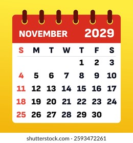 Functional November 2029 calendar with a clean layout. Great for organizing deadlines, planning events, and setting reminders