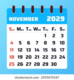 Functional November 2029 calendar with a contemporary style. Ideal for setting reminders, planning meetings, and tracking important deadlines