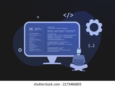 Functional programming, Object-oriented languages concept. Machine code on the desktop display screen. Vector illustration