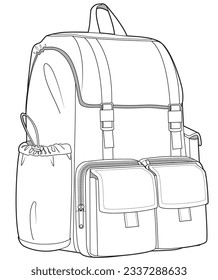 functional rain buckle backpack flat sketch vector illustration technical drawing template. cad mockup.