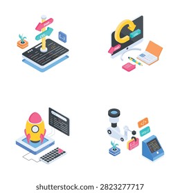 A functional selection of product deployment, language decision, and systemic automation workflow concepts crafted in an innovative isometric illustration style.