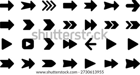 A functional set of black arrow symbols perfect for media player interfaces, indicating forward, backward, play, and skip functions.