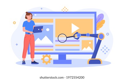 Functional test, website platform development, methodology of programming, search errors and bugs, dashboard usability optimization. Flat abstract metaphor vector concept. Isolated on white background