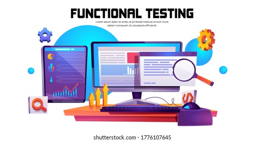 Functional testing banner. Methodology of programming, search errors and bugs in software, quality control of program or app. Vector cartoon illustration of function test with computer screen