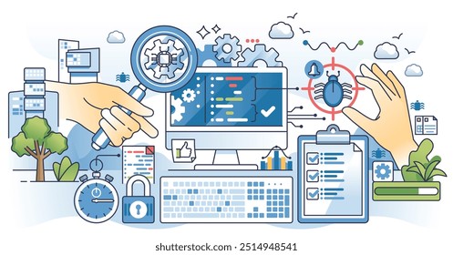 Teste funcional e verificação de bugs no sistema de aplicativo esboçar mãos conceito. Programação e prevenção de problemas de codificação usando verificação de código, análise e ilustração vetorial de auditoria. Desenvolvimento de software.