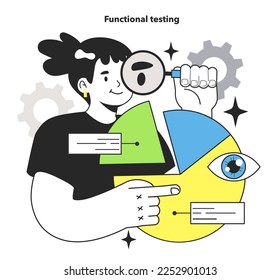 Functional testing technique. Software testing methodology. IT specialist searching for bugs in code. Website and application development. Flat vector illustration