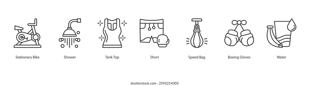 Functional Training Icon Sheet stationary bike, shower, tank top, short, speed bag, boxing gloves, water