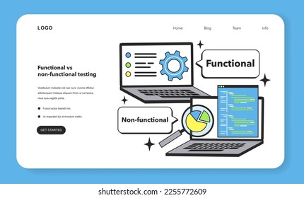 Functional vs non-functional testing testing techniques web banner or landing page. Software testing methodology. IT specialist searching for bugs. Web and app development. Flat vector illustration