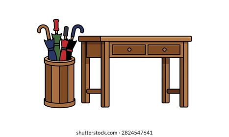 Functional wooden console table featuring two drawers alongside matching umbrella holder filled with colorful canes on white ground.