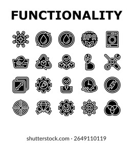 funcionalidade recursos ícones do produto definir vetor. usabilidade, eficiência, confiabilidade escalabilidade, compatibilidade, funcionalidade de interoperabilidade recursos pictograma de glifos do produto Ilustrações