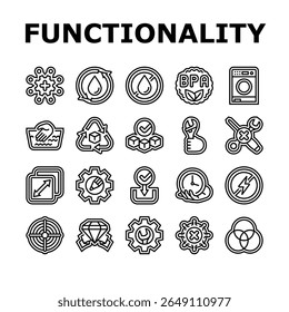 funcionalidade recursos ícones do produto conjunto vetor. usabilidade, eficiência, confiabilidade escalabilidade, compatibilidade, interoperabilidade funcionalidade recursos ilustração do contorno preto do produto