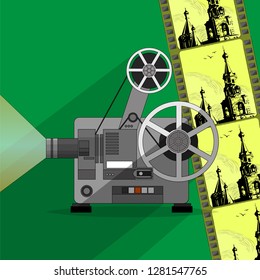 A functioning film projector, a film projection apparatus for cinemas against the background of film frames. Vector illustration