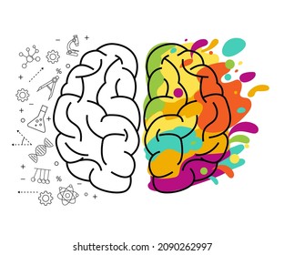 functioning of the left and right brain creative. colorful creativity mind idea. hemisphere of human head concept. vector illustration in flat style modern design. education study and science. 