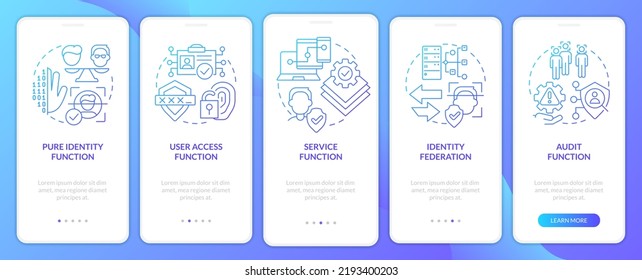 Functions blue gradient onboarding mobile app screen. Online identification walkthrough 5 steps graphic instructions with linear concepts. UI, UX, GUI template. Myriad Pro-Bold, Regular fonts used