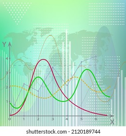 Functions, graphs, x and y axes, presentation design of growth and development. Curves of indicators of economy, business, inflation, statistics