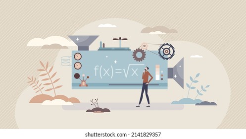 Functions as mathematical equation automatic solution tiny person concept. Algebra calculations using geometry or science commands vector illustration. Process automation using data script technology.