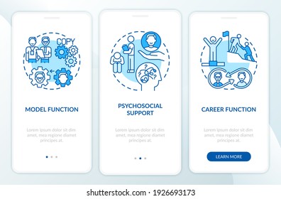 Functions of mentor onboarding mobile app page screen with concepts. Improving job skills. Career in company walkthrough 3 steps graphic instructions. UI vector template with RGB color illustrations