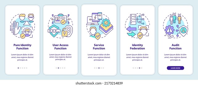 Functions onboarding mobile app screen. Online identification walkthrough 5 steps editable graphic instructions with linear concepts. UI, UX, GUI template. Myriad Pro-Bold, Regular fonts used