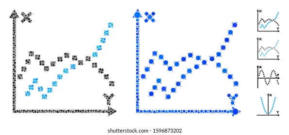Functions plot mosaic of filled circles in variable sizes and shades, based on functions plot icon. Vector small circles are organized into blue mosaic.