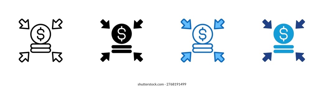 Fund Centralization Multiple Style Icon Design Vector - Coin with inward arrows representing fund consolidation, capital aggregation, and centralized financial control