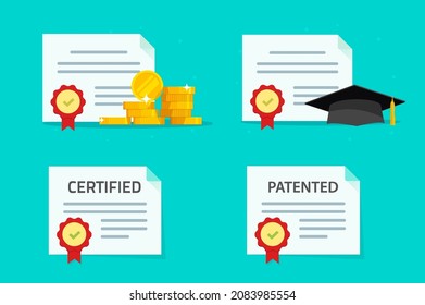 Fund grant money as financial aid help opportunity vector icons or diploma and quality certified patent document flat cartoon, education award achievement for academy, prize of winner of graduate 