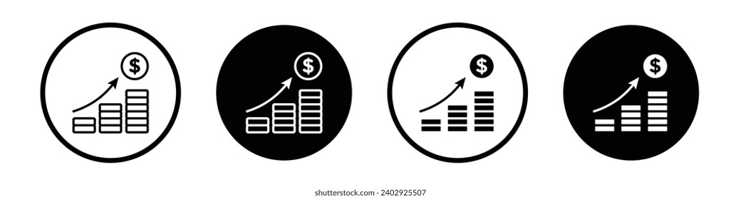 Fund growth icon set. revenue increase vector symbol. cost rise sign. profit margin increase icon in black filled and outlined style.