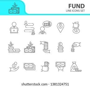 Fund icons. Line icons collection on white background. Saving, money location, wealth. Money concept. Vector illustration can be used for topic like business, banking, finance