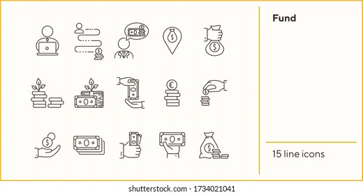 Fund icons. Line icons collection on white background. Saving, money location, wealth. Money concept. Vector illustration can be used for topic like business, banking, finance