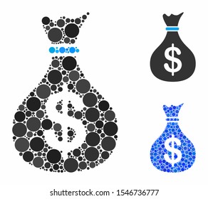 Fund mosaic of filled circles in various sizes and color hues, based on fund icon. Vector random circles are organized into blue mosaic. Dotted fund icon in usual and blue versions.