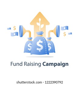 Fund Raising Campaign, Attracting Money, Easy Loan, Fast Capital Growth, Investment Return, Wealth Management, Revenue Increase, Funnel And Money Bag, Payment Installment, Finance Concept, Vector Icon