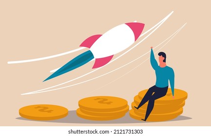 Fund raising with support startup rocket. Community people help and donate coin vector illustration concept. Finance crowdfunding money and business boost. Investment resource and capital assistance