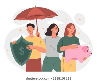 Concepto de seguridad de fondos. Hombre con escudo y mujer con un banco de cerdos. Alfabetización financiera e ingresos pasivos. Economía y comercio. Afiche publicitario o banner para el sitio web. Dibujo vectorial plano de dibujos animados