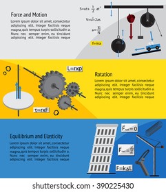 Fundamental Physics and engineering subject chapter of force, motion rotation, equilibrium and elasticity theory and formula infographic banner template layout background for school education (vector)