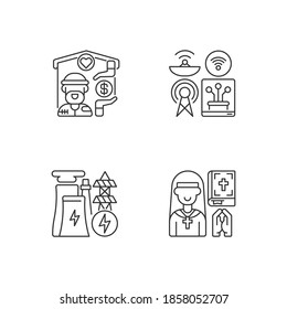 Fundamental services linear icons set. Homeless shelter. Telecommunication. Electricity industry. Customizable thin line contour symbols. Isolated vector outline illustrations. Editable stroke