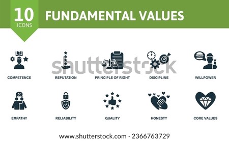 Fundamental values set. Creative icons: competence, reputation, principle of right, discipline, willpower, empathy, reliability, quality, honesty, core values.