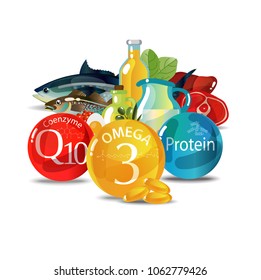 Fundamentals of healthy eating. Natural fresh organic food containing a large number of trace elements - omega-3, coenzyme and proteins. White background