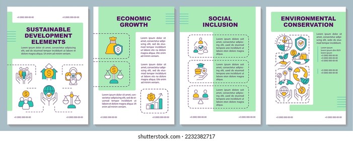 Fundamentals of sustainable development brochure template. Fair economy. Leaflet design with linear icons. Editable 4 vector layouts for presentation, annual reports. Arial, Myriad Pro fonts used