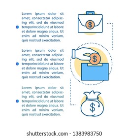 Funding article page vector template. Ways to attract investment. Brochure, magazine, booklet design element with linear icons and text boxes. Print design. Concept illustrations with text space