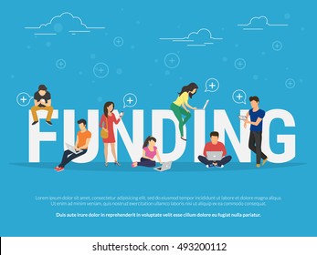 Funding illustration of young people using laptop, tablet pc and smartphone for online funding new startup or making donation for project. Flat design of guys and women near big letters