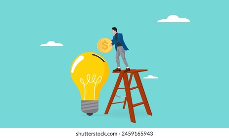 funding new innovative project, investing or VC venture capital to support business startup idea, raising funds to start a business, businessman inserts gold coins into business light bulb idea