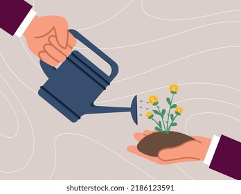 Funding project concept. Hand with watering can waters plants, metaphor for financial literacy and passive income. Entrepreneur or businessman launch start up. Cartoon flat vector illustration