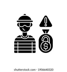 Funding quackery black glyph icon. Stealing money from different people using crowdfunding platforms. Lying about project. Silhouette symbol on white space. Vector isolated illustration