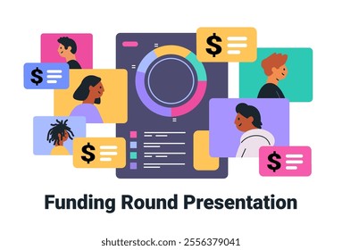 Funding round presentation concept with diverse people and financial icons around a colorful chart on a digital dashboard. Web design template