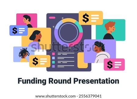 Funding round presentation concept with diverse people and financial icons around a colorful chart on a digital dashboard. Web design template