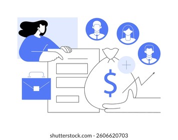 Funding rounds isolated cartoon vector illustrations. Group of diverse IT startup investors contributing funds, business investment, financial help, money management vector cartoon.