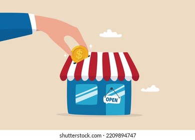 Funding small business, backing startup project or banking loan to start new business, investment or saving to open new shop concept, businessman hand funding by put coin into small business store.